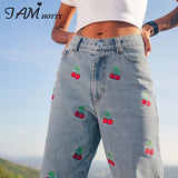 Cherry Embroidery Pencil Jeans Women Loose High Waist 90s Aesthetic Girls Denim Streetwear Baggy Outfits Pants Iamhotty