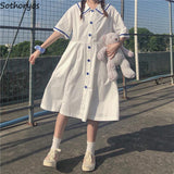 Women Short Sleeve Dress White Patchwork Sailor Collar Single Breasted Students Sweet Cute Kawaii Summer Loose A-line Preppy Ins