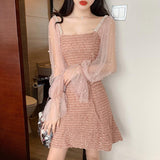 Drespot Vintage Beading Mesh Patchwork Korean Dress Women Autumn Street Sweet Ladies Dresses Kawaii Mini Elegant Long Sleeve Pink Dress