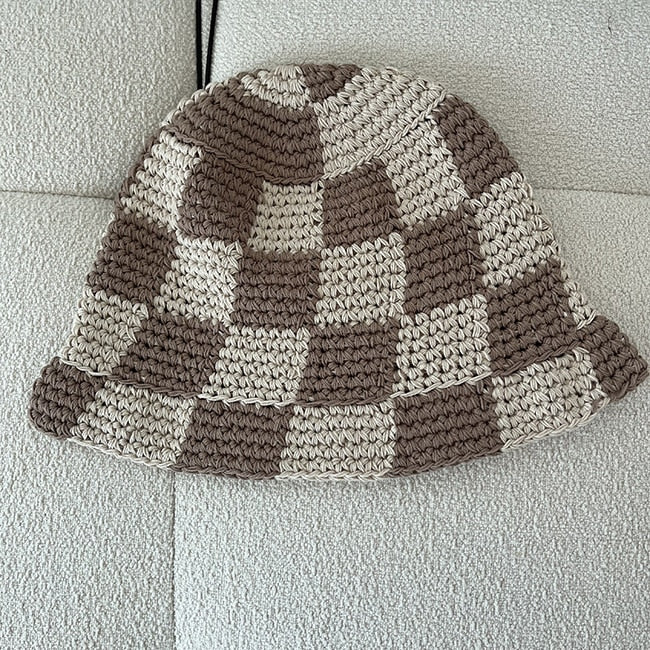 Fashion Checkerboard Bucket Hat Women Handmade Crochet Knitted Hat Outdoor Warm Tide Caps