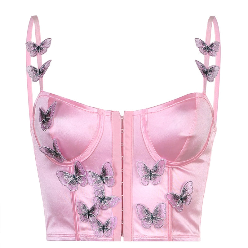 Butterfly Appliques Y2K Corset Women Kawaii Aesthetic Pink Camisole Satin Tank Top Sexy Beach Party Outfit Bustier Hot