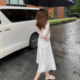 Drespot Vintage Solid Shirt Dress Korean Turn Down Collar Work Maxi Dresses for Women White Loose Casual Long Woman Dress Autumn