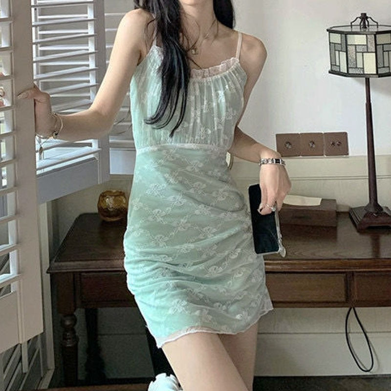 Drespot  Elegant Vintage Dress Women Sexy Lace Folds Slim Mini Camisole Dress Evening Party  Summer One Piece Dress Korea Kawaii Thin