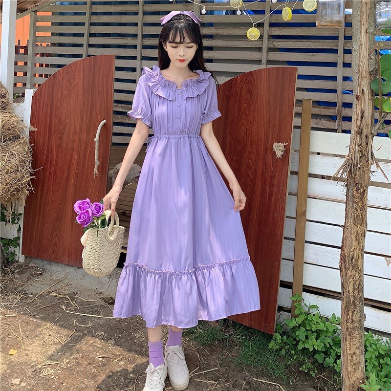 Drespot Purple Puff Sleeve Dress Women Summer Sundresses Mori Girl Off Shoulder Midi Party Dress For Holiday Casual  Spring