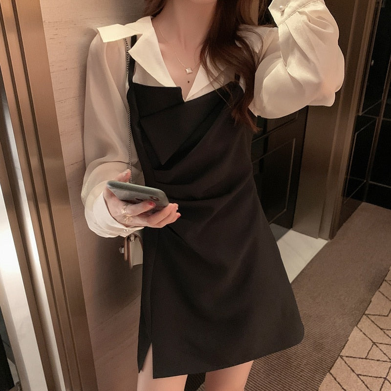 Vintage Elegant Dress for Women Patchwork Long Sleeve Office Lady Dress Female Slim Black One Piece Dress Korean Summer