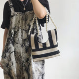Drespot  Fashion Striped Canvas Female Bag Tote Women's Handbag  New Trendy Pearl Shoulder Crossbody Bags for Women Female's Handbags