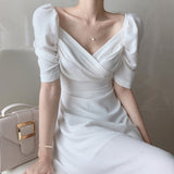 Retro V-neck Slim Waist Women Dress Elegant Puff- Sleeve White Female A-line Dress  Summer Party Vestidos Femme Maxi Dresses