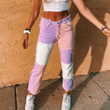 Drespot Thanksgiving Grunge Y2k Patchwork Jeans Women Color Block High Waist Straight Cut Denim Pants E-Girl Aesthetic Streetwear /