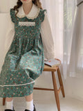 Autumn Floral Vintage Kawaii Midi Dress Women Green Print Princess Sweet Cute Dress Fairy Lace France Retro Suspender Dress