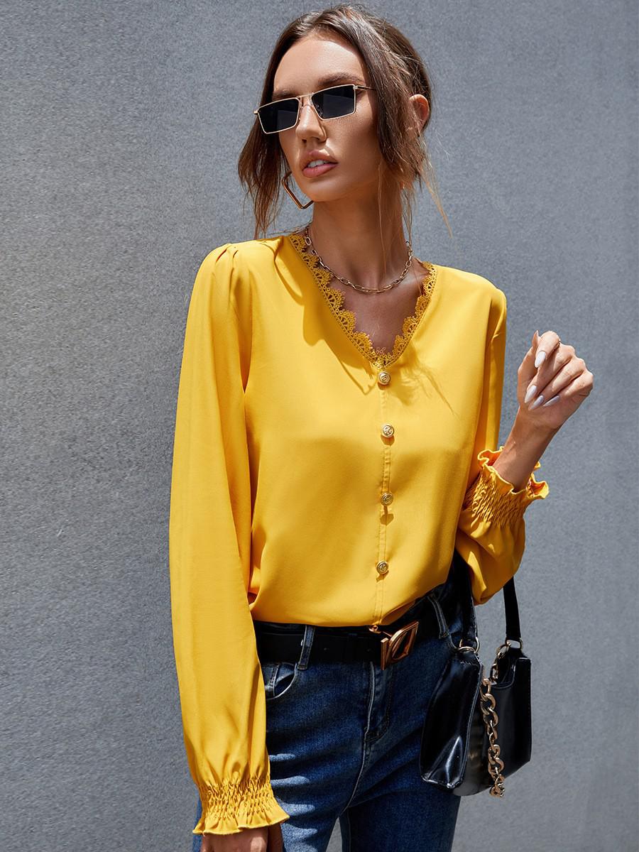 Drespot Yellow V-neck Blouses Spring  Fashion Women Butterfly Sleeve Lightweight Casual Blouses Solid Ladies Shirt Button Tops