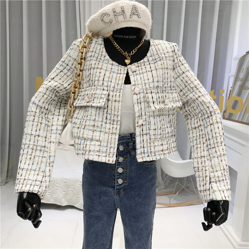 Drespot   New Autumn Winter Women Crop Top Korean Vintage Tweed Jacket Coat High Quality Small Fragrance Elegant Short Woolen Outwear