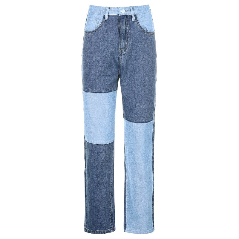 Grey Patchwork Straight Mom Jeans Woman High Waist Pockets Boyfriend Classic Streetwear Black Pants 90s Loose Denim Iamhotty