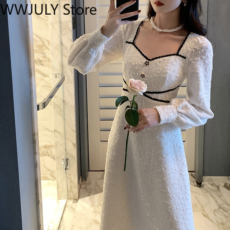 Drespot  Drespot  Korean Fashion Vintage Midi Dress Women Casual Long Sleeve Elegant Y2k Dress  Winter Evening Party Dress Office Lady Clothes