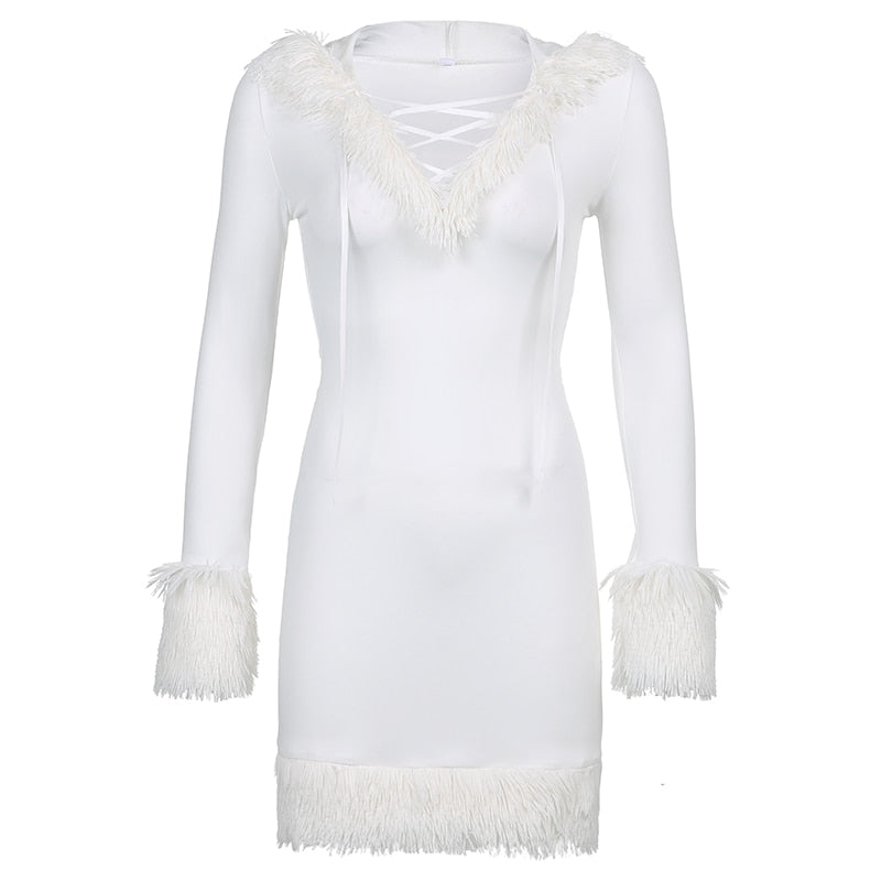 White Feather Fur Patchwork Bodycon Dress Women Kawaii Hooded Long Sleeve Sexy Short Party Dresses Christmas  IAMHOTTY