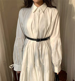Drespot Women Dress Long Sleeve Spring Autumn Vintage Designer Collar Lapel Button Up Ruched Ruffles Cotton White Dresses Female Clothes