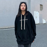 Drespot Korean Style Letter Print Hoodie Women Streetwear Goth Oversize Black Hooded Sweatshirts Harajuku Hip-Hop Tracksuit Top