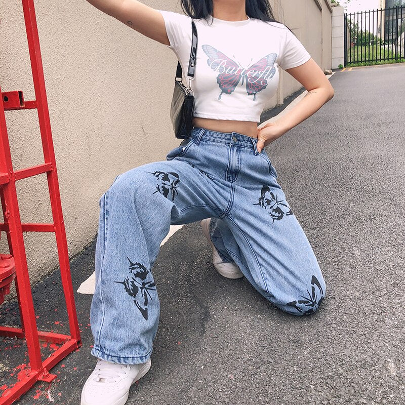 Butterfly Printed Baggy Denim Jeans Women High Waist Wide Leg Straight Pants Female Loose Casual  Trousers  Mujer Harajuku