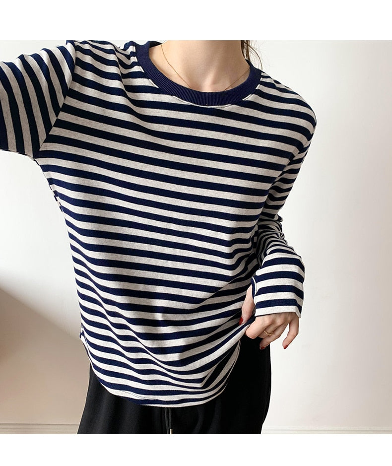 Drespot Autumn Winter Classic Striped Women's T-Shirts  New Long Sleeve O-Neck Basic Casual Shirts Female Knitting Tops