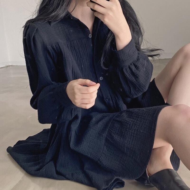 Long Sleeve Dress Women Ins Ulzzang Spring Lovely Solid A-line Ruffles Korean Apricot Fashion Retro Turn-down Collar  Clothes