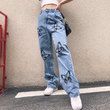 Back To School Outfits Cyber Y2K Denim Pants With Printed Butterfly High Waist Straight Cut 90S Baggy Jeans Women E-Girl Aesthetic Streetwear /