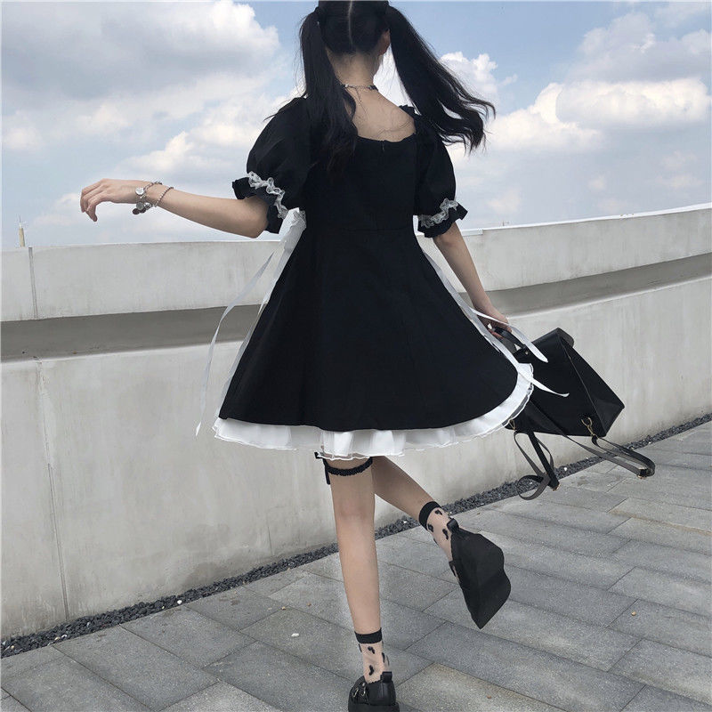 Drespot Gothic Goth Lolita Kawaii Dress Women Soft Girl Japanese Harajuku Cute Short Puff Sleeve Black Dress  Prom Sundress