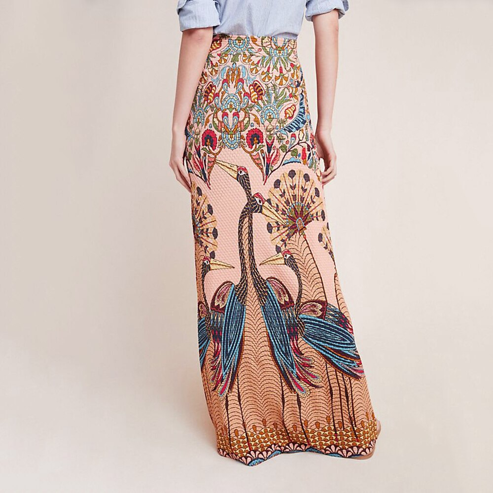 Vintage Print Long Skirt Fashion Women Peacock Opening Maxi Skirt High Waist Pencil Bodycon Straight Casual Holiday Skirts