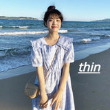 Short Sleeve Dress Women A-Line Plaid Summer Mid-Calf Button Ins Preppy Style Sailor Collar Fashion Simple Ulzzang Party Lovely