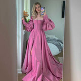 Drespot  Elegant Pink Prom Dresses Bishop Sleeves High Slit Taffeta Evening Dresses Sweetheart A-line Long Party Gowns with Buttons