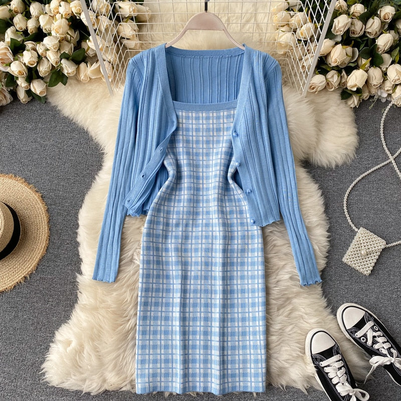 Drespot  Knitted Two Piece Set Women Crop Top + Sexy Spaghetti Strap Plaid Dress Suits Sweet Long Sleeve Sweater Cardigan 2 Piece Suits