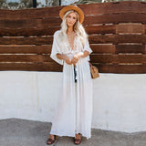 Sexy Hollow Out Lace Patchwork V-neck Flare Sleeve Belted Front Open Summer Dress Tunic Women Beach Wear Maxi Dress Q1051