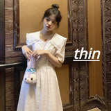 Short Sleeve Dress Women A-Line Plaid Summer Mid-Calf Button Ins Preppy Style Sailor Collar Fashion Simple Ulzzang Party Lovely
