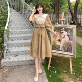 Women Short Sleeve Dress Patchwork Peter Pan Collar Bow Girls Sweet Kawaii Dresses Students Korean Style High Waist Loose Trendy