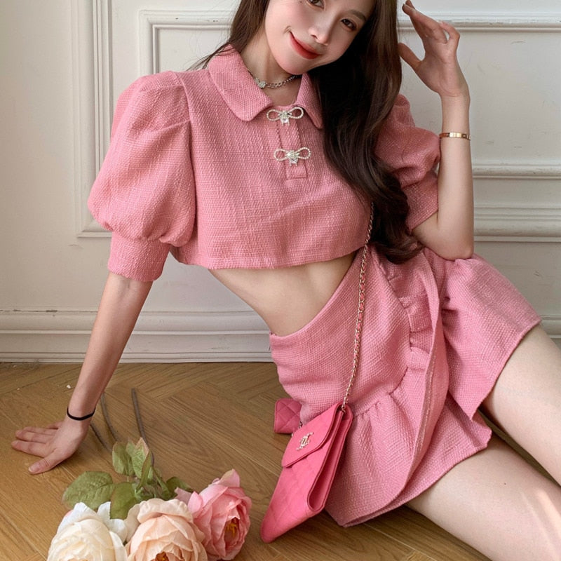 Drespot  Small Fragrant Suit Summer Korean Sweet Tweed 2 Piece Set Women Puff Sleeve Crop Top + Mermaid Skirts Sets Fashion Skirt Suits