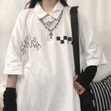 Drespot Harajuku Polo Collar T-shirt Women Streetwear Japanese Style Short Sleeve Tees White Tops Alt Clothes Female