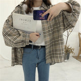 Drespot Thanksgiving Grunge Aesthetic Plaid Shirt Oversized Long Sleeve Button-Up Collared Shirts Women E-Girl Harajuku