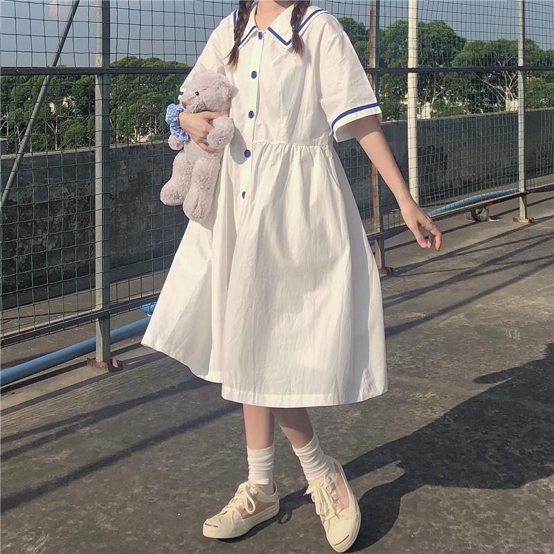 Women Short Sleeve Dress White Patchwork Sailor Collar Single Breasted Students Sweet Cute Kawaii Summer Loose A-line Preppy Ins