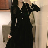 Drespot  Elegant Vintage Dress Women Long Sleeve Solid Black Party Dress Female V-Neck Lace Midi Gothic Dress Autumn  Office Lady