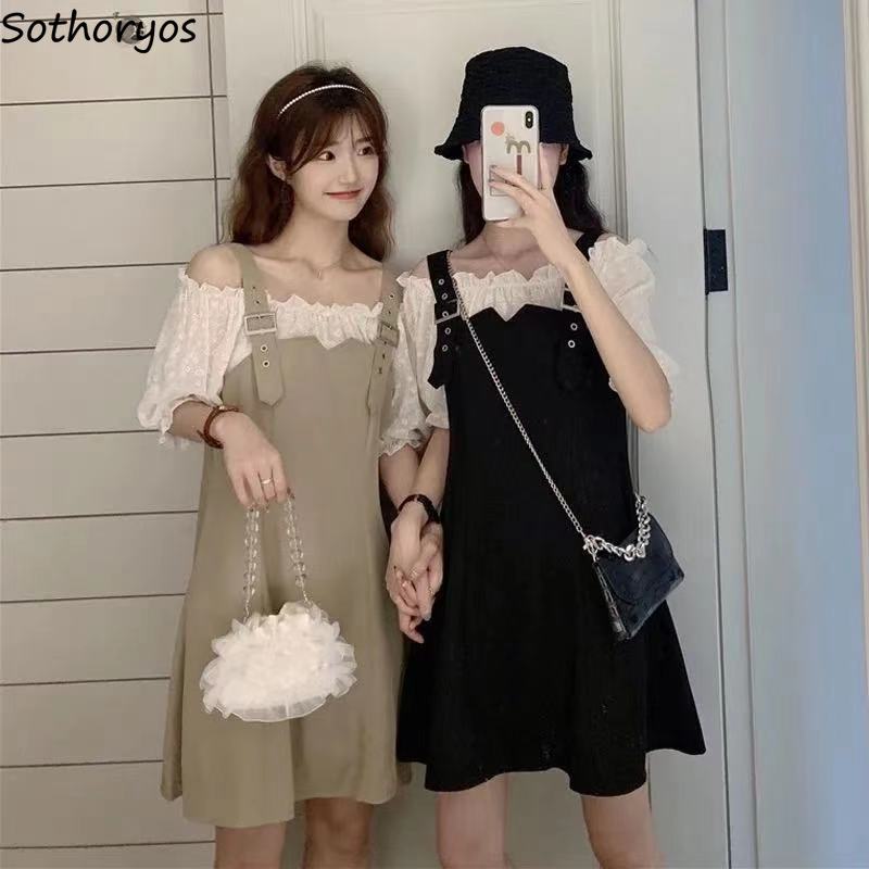Dress Women Lace Patchwork Strap Dresses Korean Sweet Short Puff Sleeve Fake 2 Pieces Slim Knee-length Vestido Elegant Friends