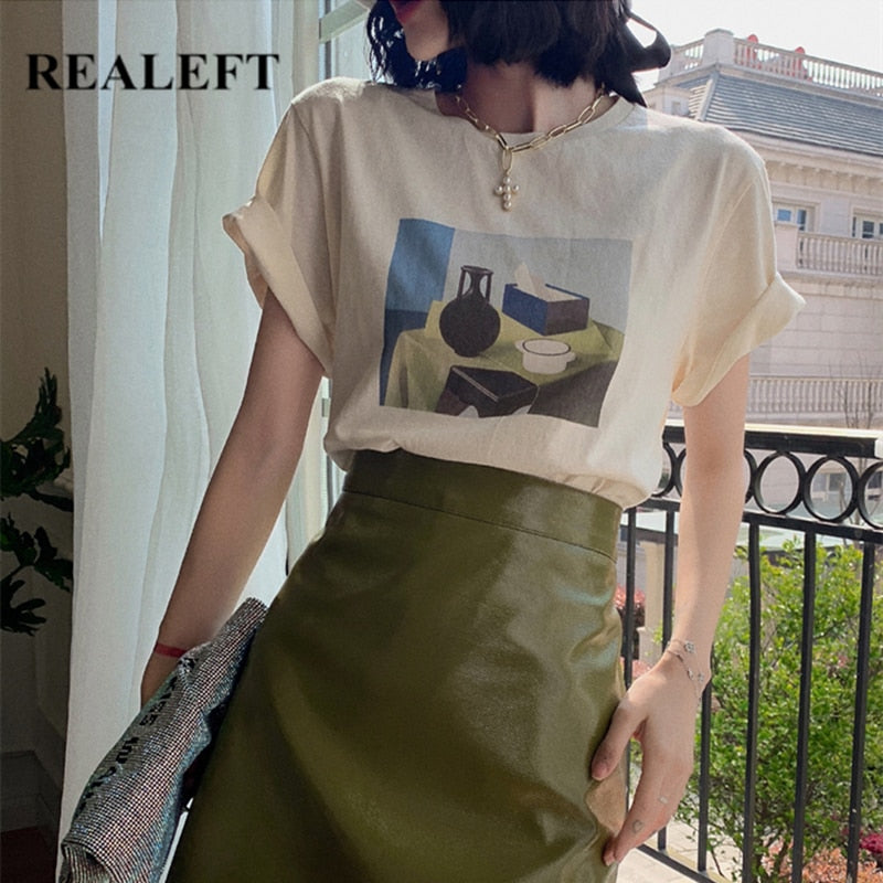 Drespot Summer Cotton Women T-Shirts Print Painting Bottoming O-Neck Casual Minimalism Short Sleeve Female Shirts Tops  New