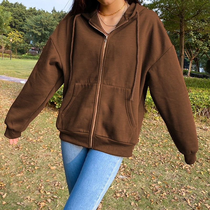 Drespot Brown Y2K Aesthetic Hoodies Women Vintage Zip Up Sweatshirt Winter Jacket Clothes Pockets Long Sleeve Hooded Pullovers