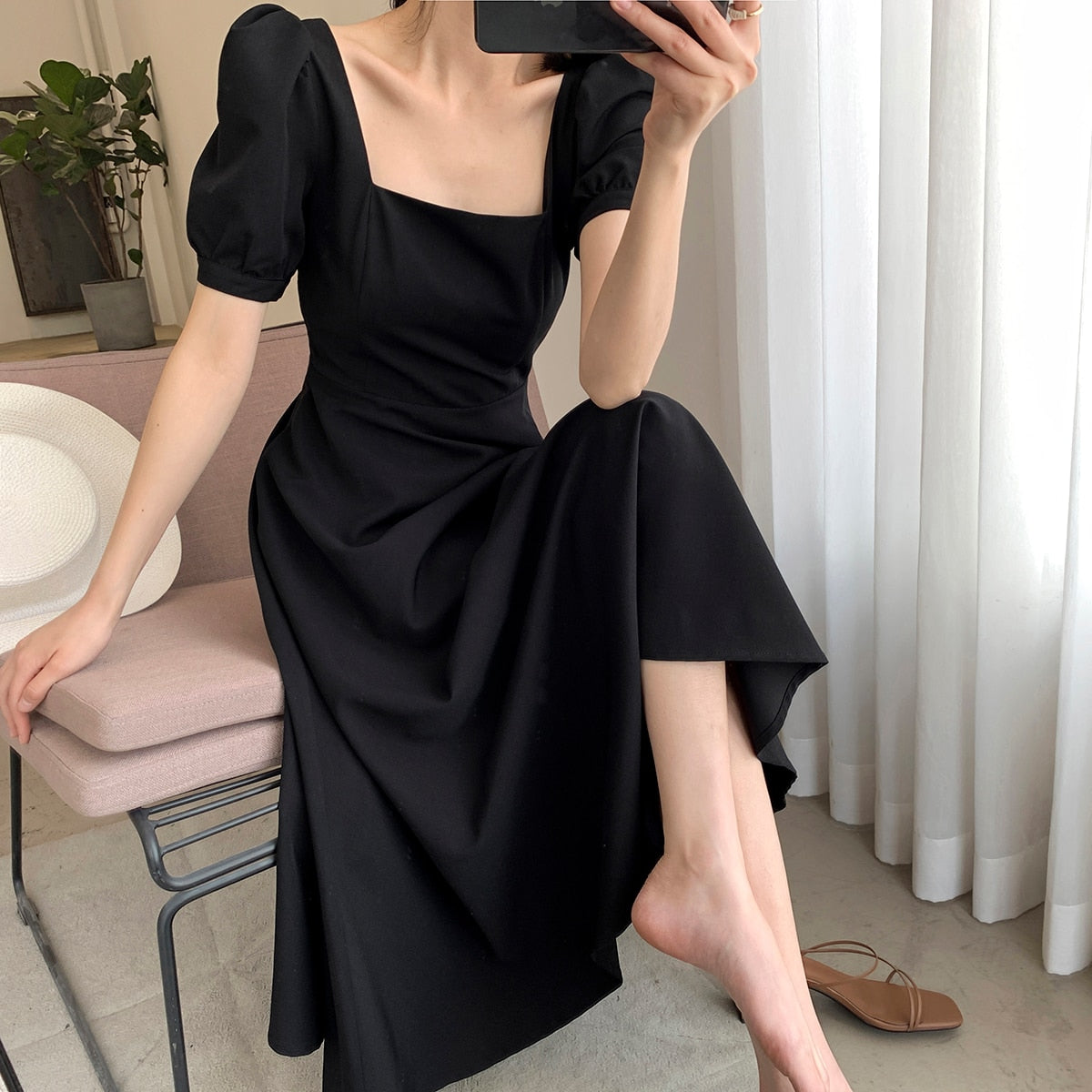 Drespot Vintage Elegant French Black Party A-line Maxi Dress for Women Square Collar Short Sleeve Dress Summer  Vestidos De Mujer D19