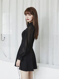 Drespot Korean Black Mini Dress Women Gothic Harajuku Wrap Vintgae Mesh Short Dresses Kpop Goth Dark Polo Hollow Out  Spring