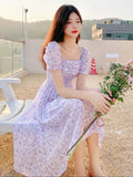 France Floral Print Dress Women Summer Elegant Party Midi Dress Casual Puff Sleeve Holiday Lady Dedigner Chic Korean Dress