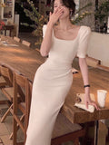 Drespot Summer New Simple Dress For Women Elegant Midi Bodycon Office Lady Solid One Piece Clothing Femme Fashion Vestidos