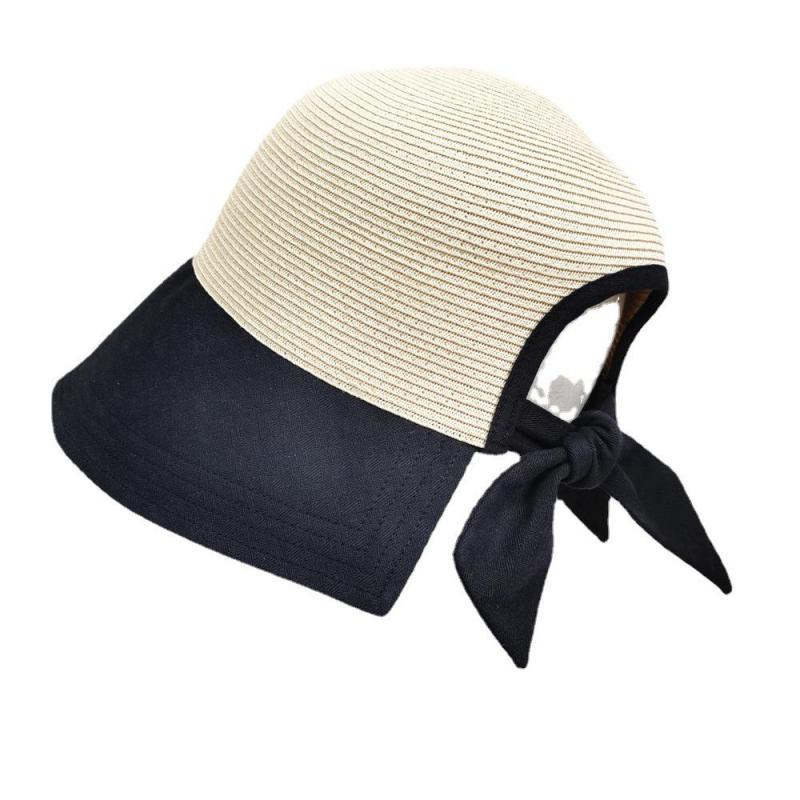 Kpop Big Wide Brim Beach Hat For Women Back Opening Patchwork Straw Hats Summer Adjustable Bow Sun Hat Girls Vacation Beach Hat