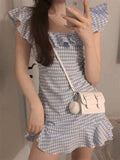 Drespot Korean Plaid Ruffles Dress Women Kpop Harajuku Kawaii Cute Wrap Off Shoulder Short Dresses Mori Soft Girl Summer