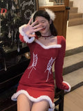 Winter Sweet Christmas Dress Women Red Kawaii Lolita Party Mini Dresses Warm Korean Night Dresses Ladies Festival Clothing