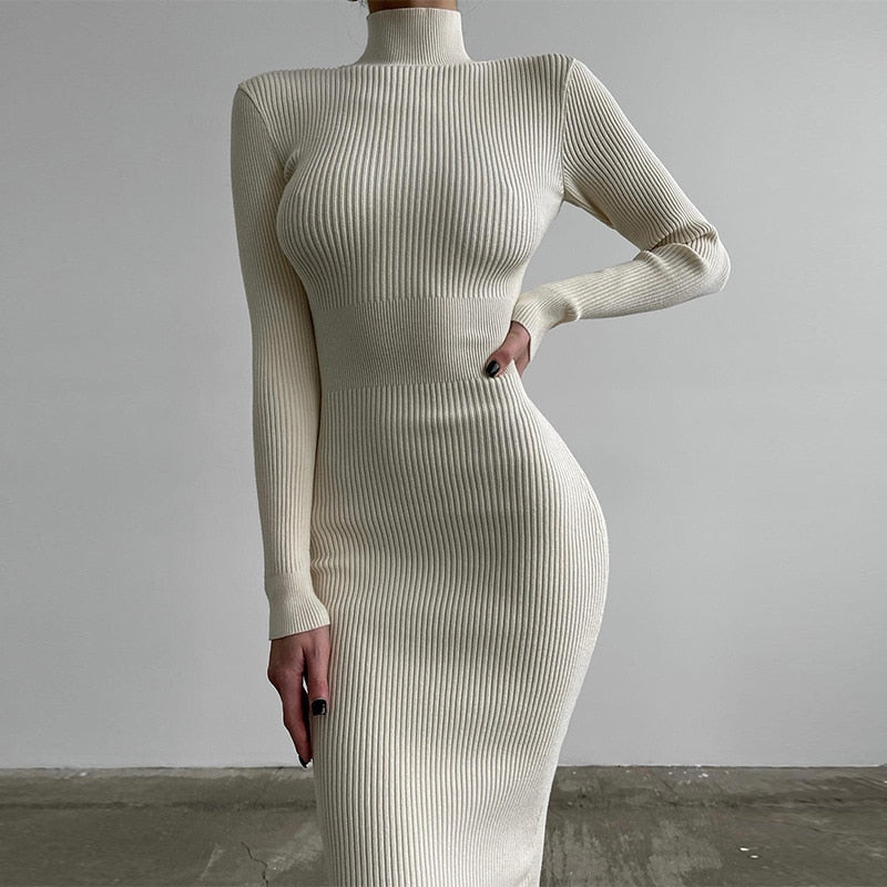 Drespot High Collar Mid-length Pit Strip Cotton Knitted Women Dress Fall 2023 New Casual Solid Tight Dress Fall Dress