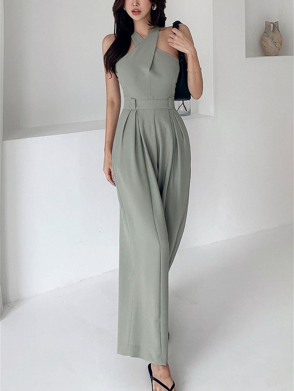 Drespot Summer New Women Jumpsuits Sexy Backless Rompers Female Solid Wide Leg Office Lady Playsuits
