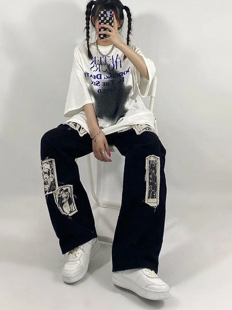 Drespot  Grunge Punk Patchwork Black Jeans Women Hip Hop Streetwear Print Oversize Wide Leg Trousers 90S Vintage Fashion Pants